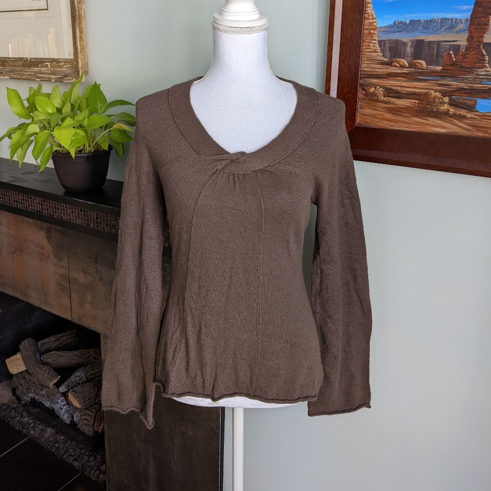 Anthropologie Sparrow Women's Small Light Brown Knit Detail Neck Sweater